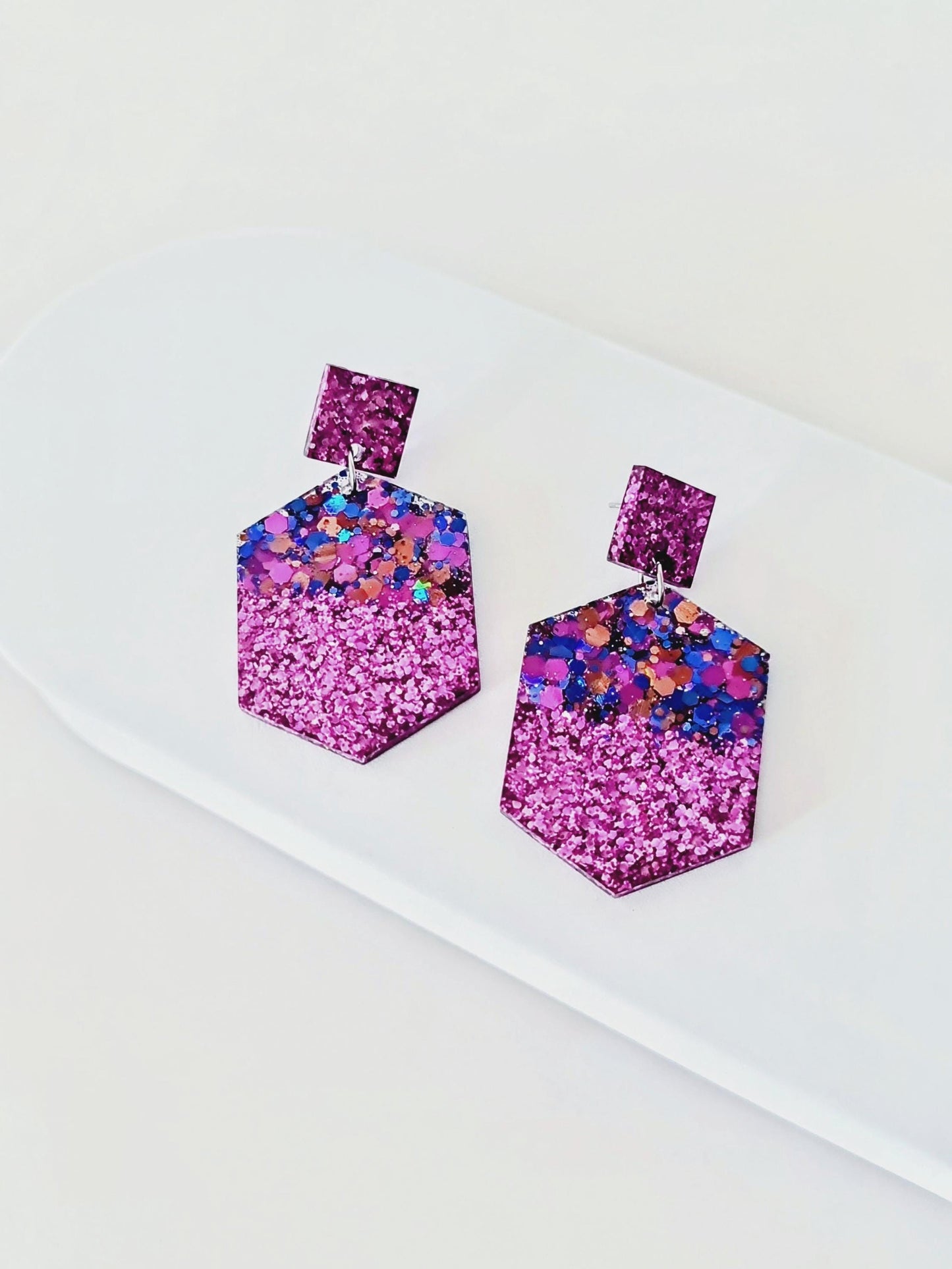 Purple Hexagon Square Dangle Drop Earrings, Blue Pink Aqua Purple Glitter Mix, Resin Handmade Stud Earrings, Statement Earrings