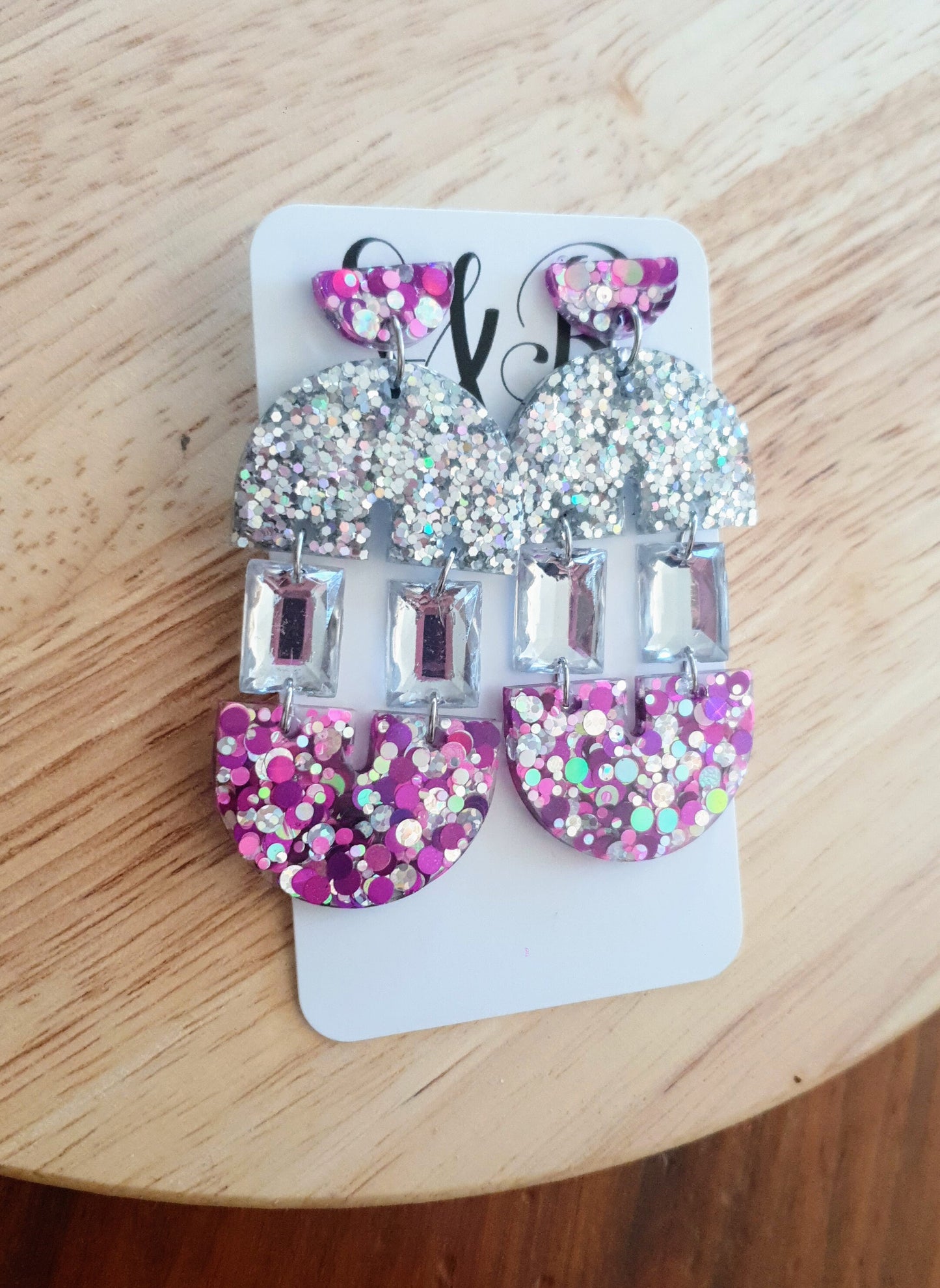 Pink Purple and Silver Double Arch Dangle Drop Earrings, Only one made unique Glitter Crystal Resin Dangles, Statement Earrings