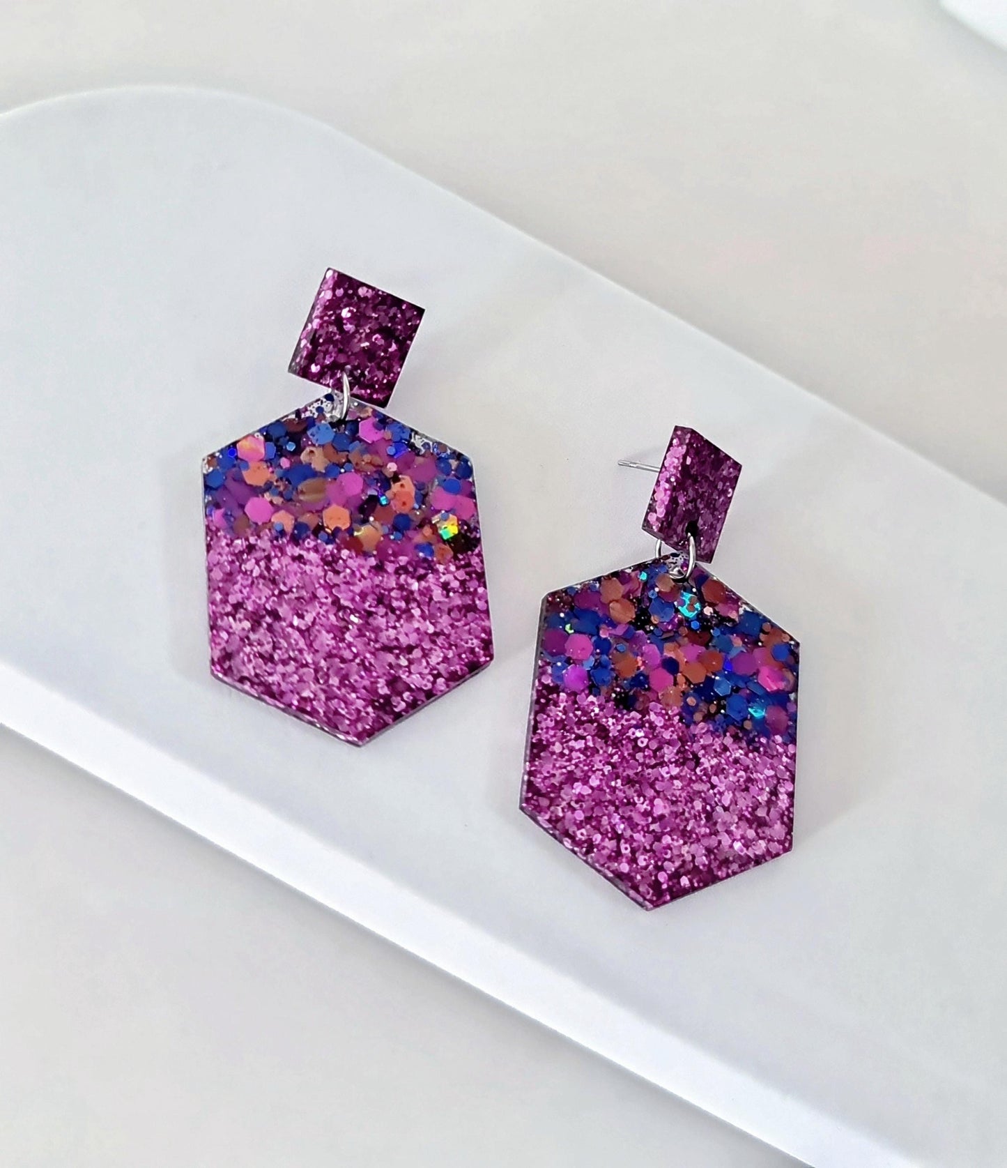 Purple Hexagon Square Dangle Drop Earrings, Blue Pink Aqua Purple Glitter Mix, Resin Handmade Stud Earrings, Statement Earrings