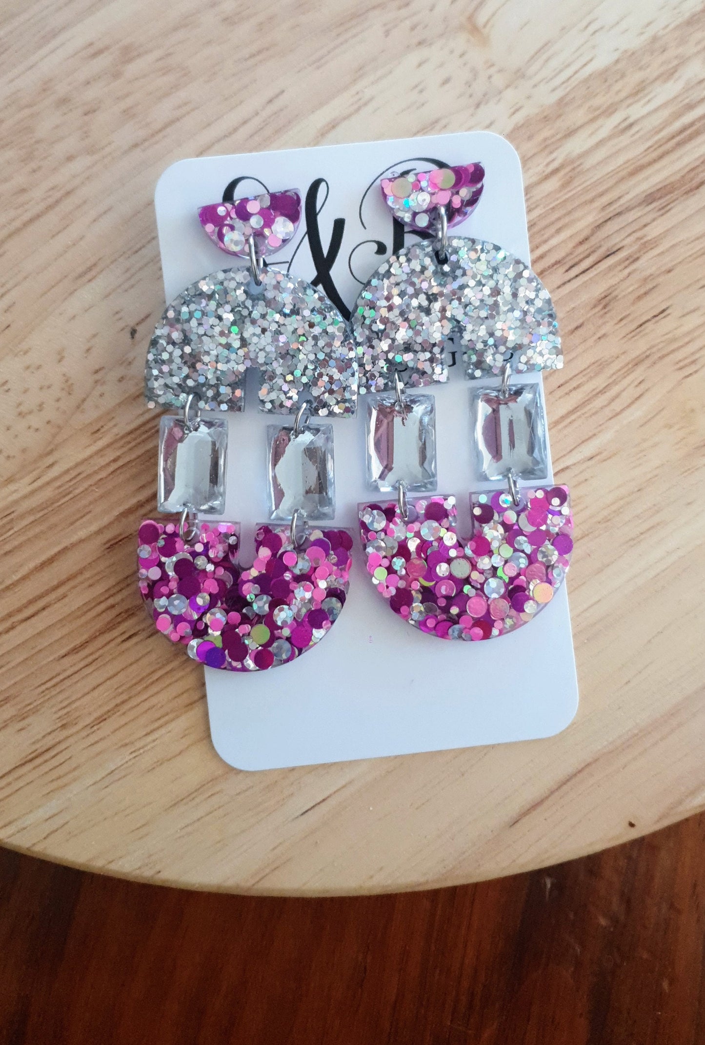 Pink Purple and Silver Double Arch Dangle Drop Earrings, Only one made unique Glitter Crystal Resin Dangles, Statement Earrings