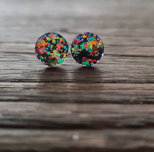 Circle Dot Resin Stud Earrings, Kaleidoscope Glitter Earrings, Rainbow Earrings, Stainless Steel Stud Earrings. 15mm, 12mm, 10mm or 8mm