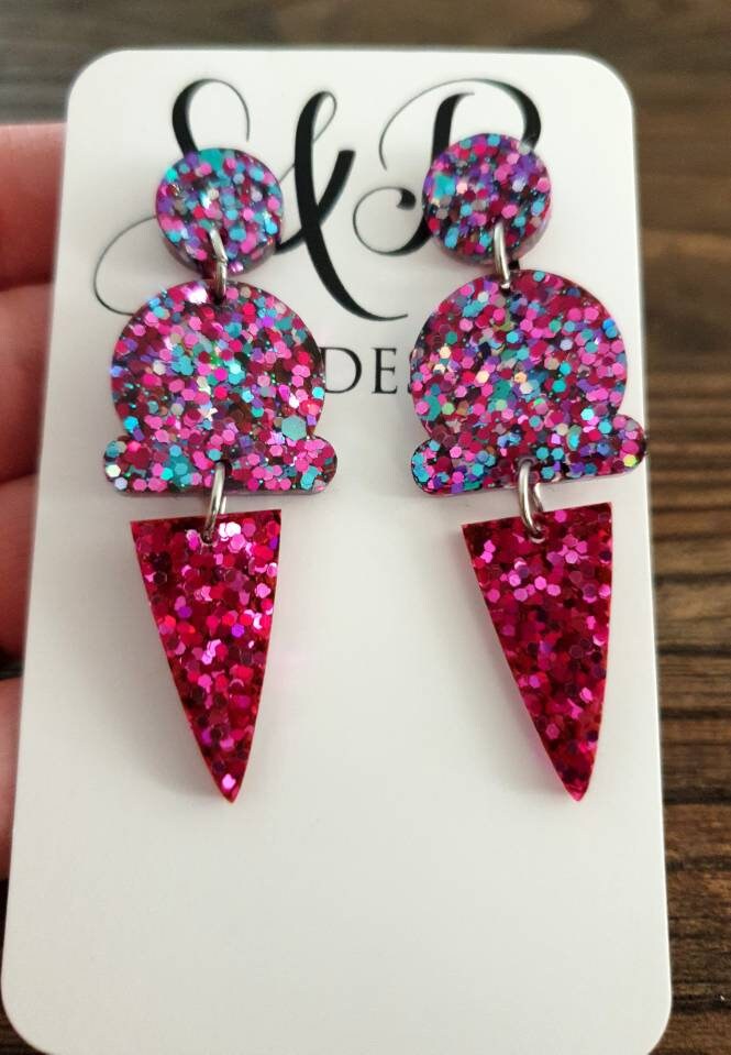 Ice Cream Earrings, Hot Pink Holographic Dangle Earrings, Pink, Blue and Silver Holographic Glitter Ice Cream Earrings, Statement Food Earri
