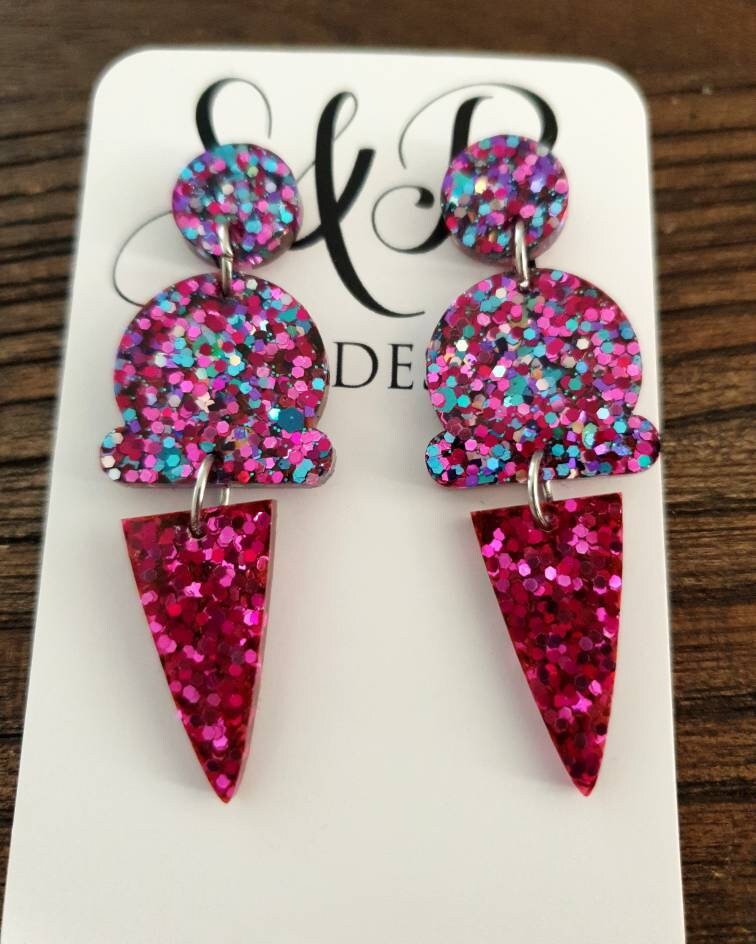 Ice Cream Earrings, Hot Pink Holographic Dangle Earrings, Pink, Blue and Silver Holographic Glitter Ice Cream Earrings, Statement Food Earri