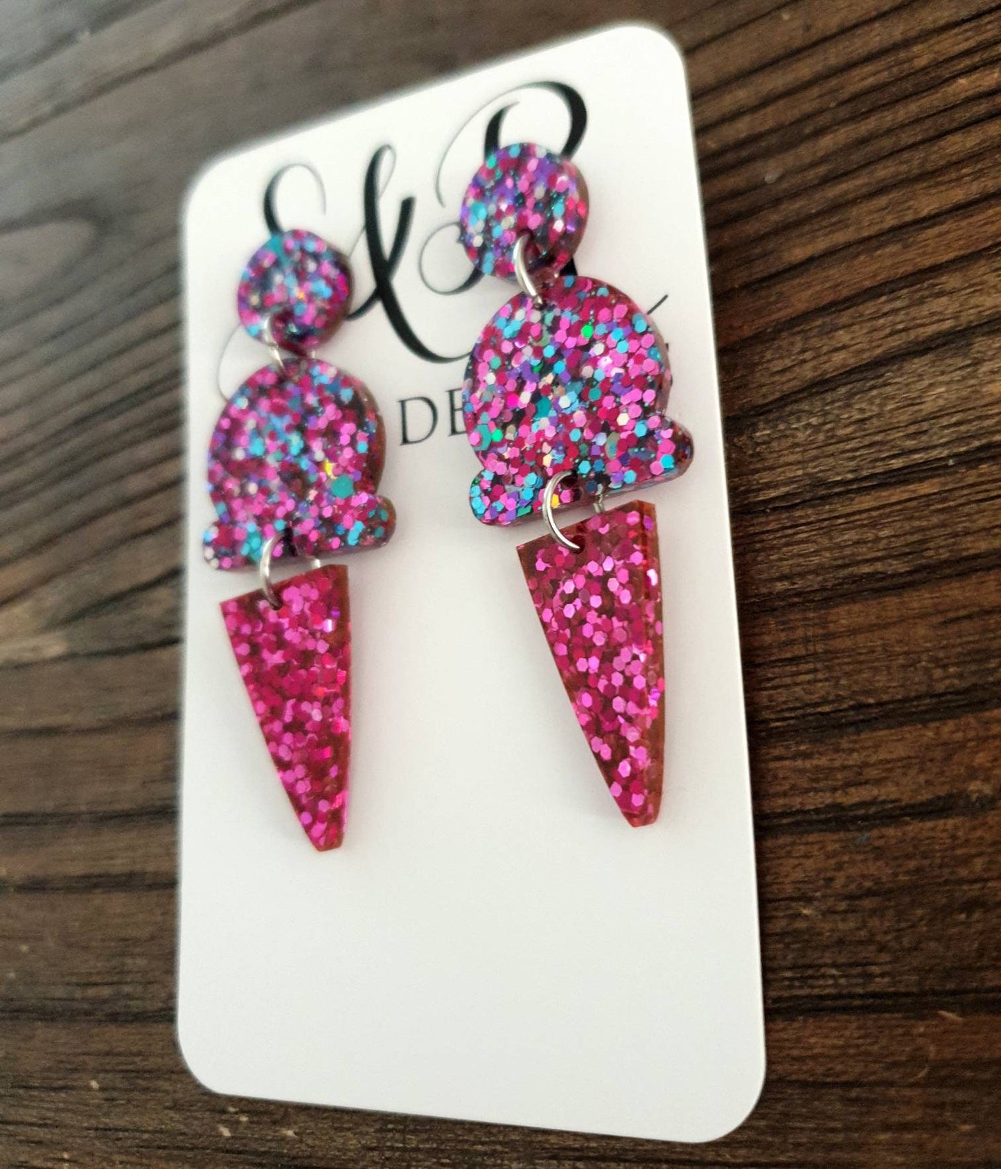 Ice Cream Earrings, Hot Pink Holographic Dangle Earrings, Pink, Blue and Silver Holographic Glitter Ice Cream Earrings, Statement Food Earri