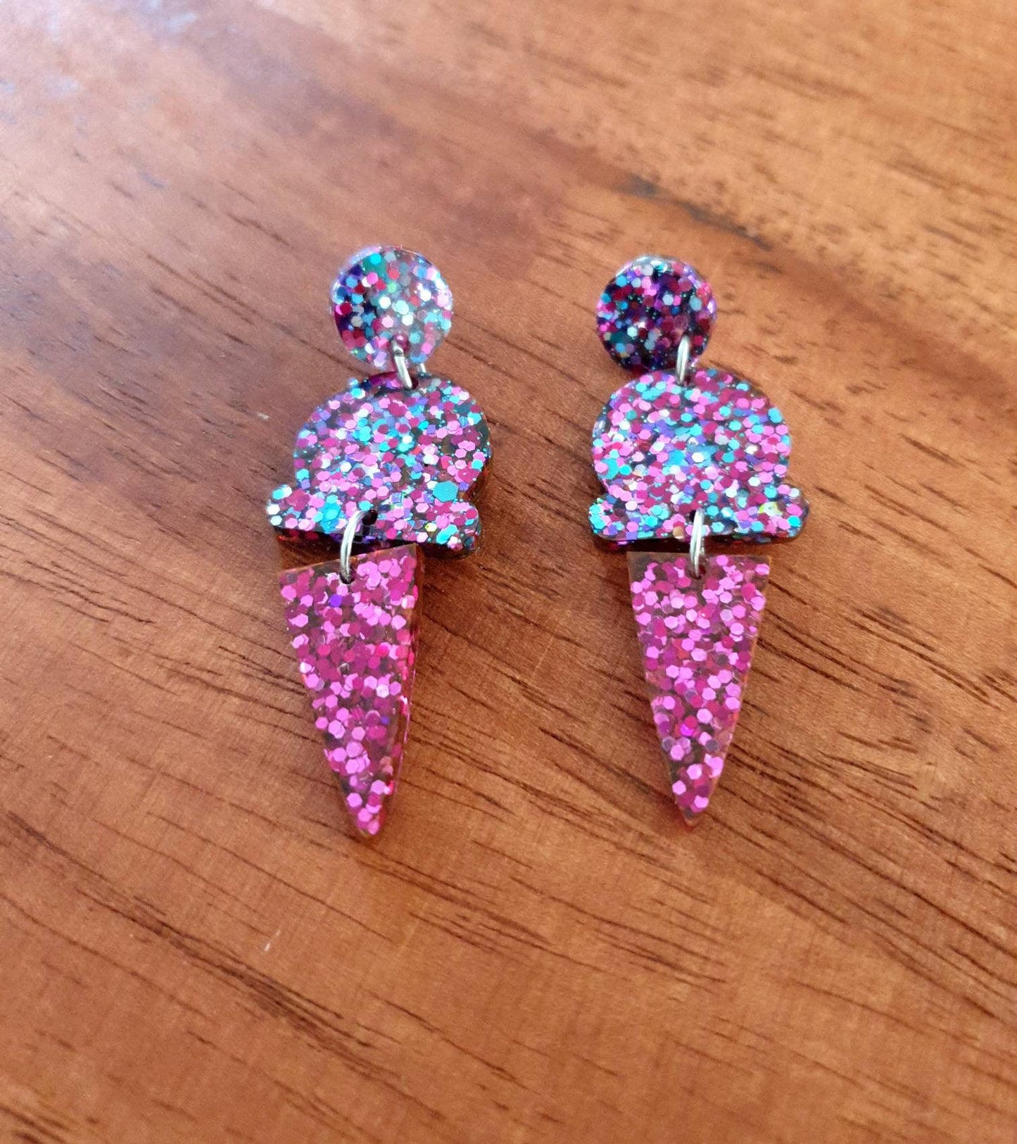 Ice Cream Earrings, Hot Pink Holographic Dangle Earrings, Pink, Blue and Silver Holographic Glitter Ice Cream Earrings, Statement Food Earri