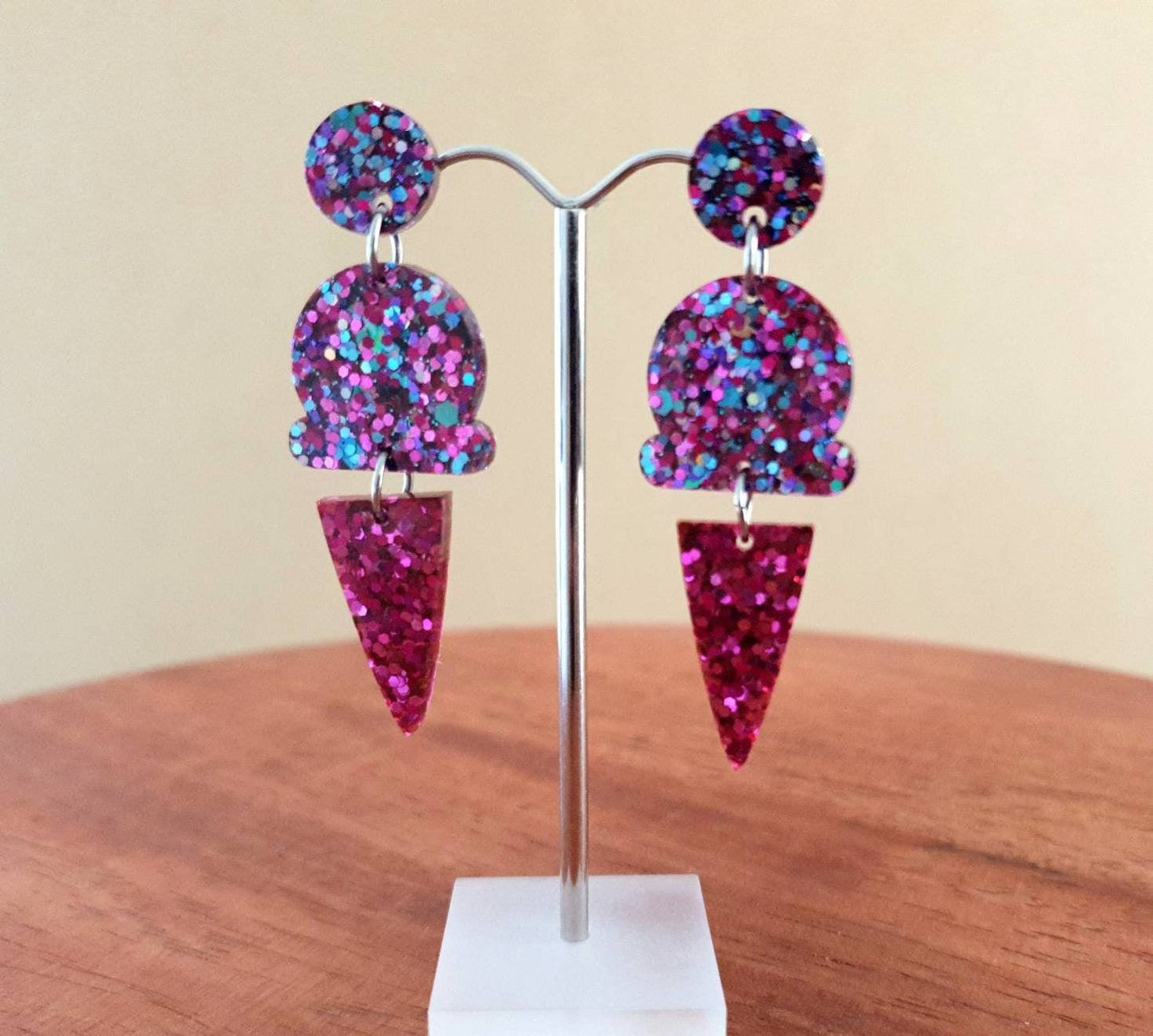 Ice Cream Earrings, Hot Pink Holographic Dangle Earrings, Pink, Blue and Silver Holographic Glitter Ice Cream Earrings, Statement Food Earri