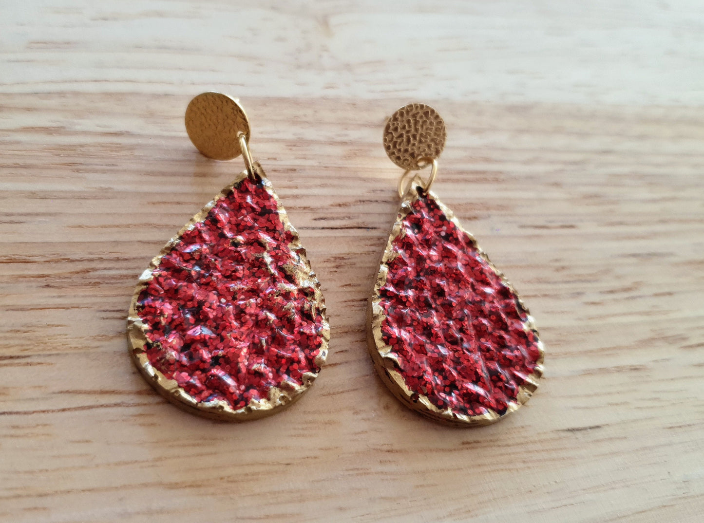Red Teardrops Resin Long Gold Earrings, Gold with Red Glitter Resin Earrings, Stainless Steel Earrings, Statement Earrings