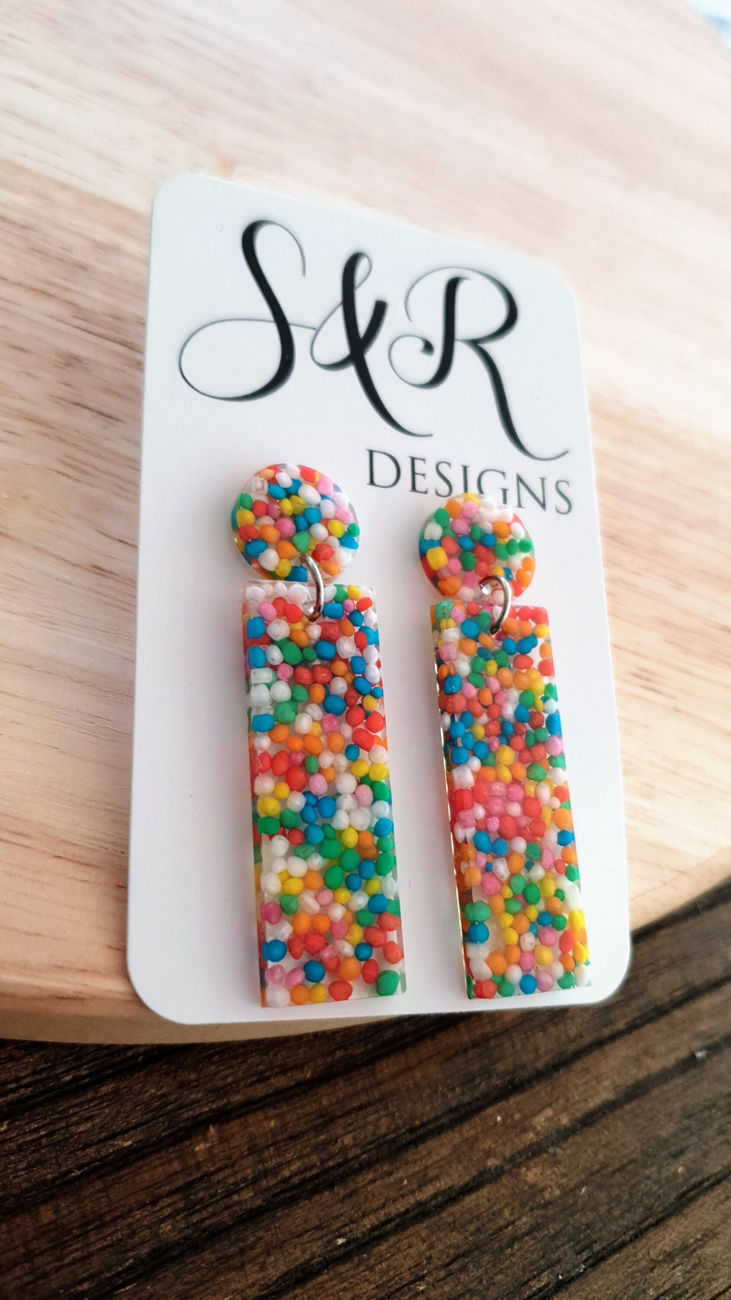 Rectangle Bar Earrings, Multi Colour Resin Dangles, 100s and 1000s Real Candy, Statement Earrings