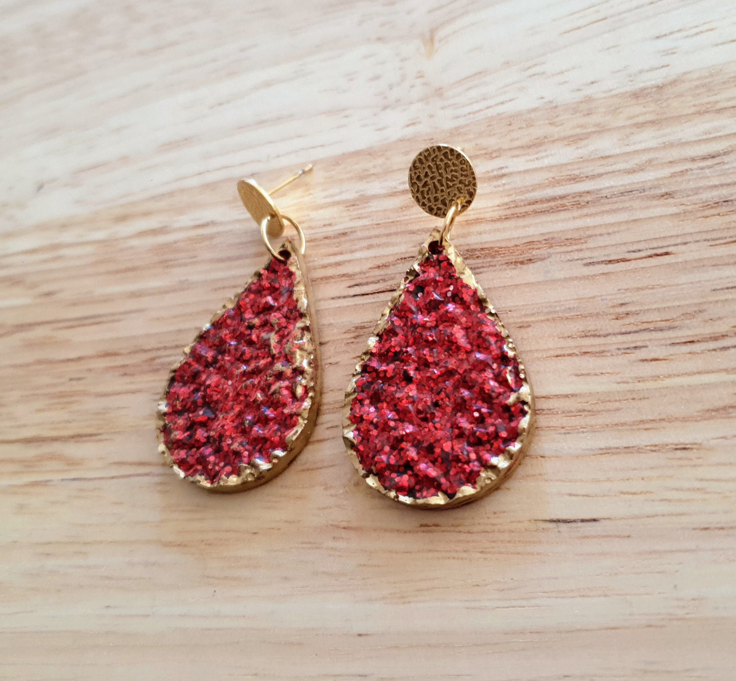 Red Teardrops Resin Long Gold Earrings, Gold with Red Glitter Resin Earrings, Stainless Steel Earrings, Statement Earrings