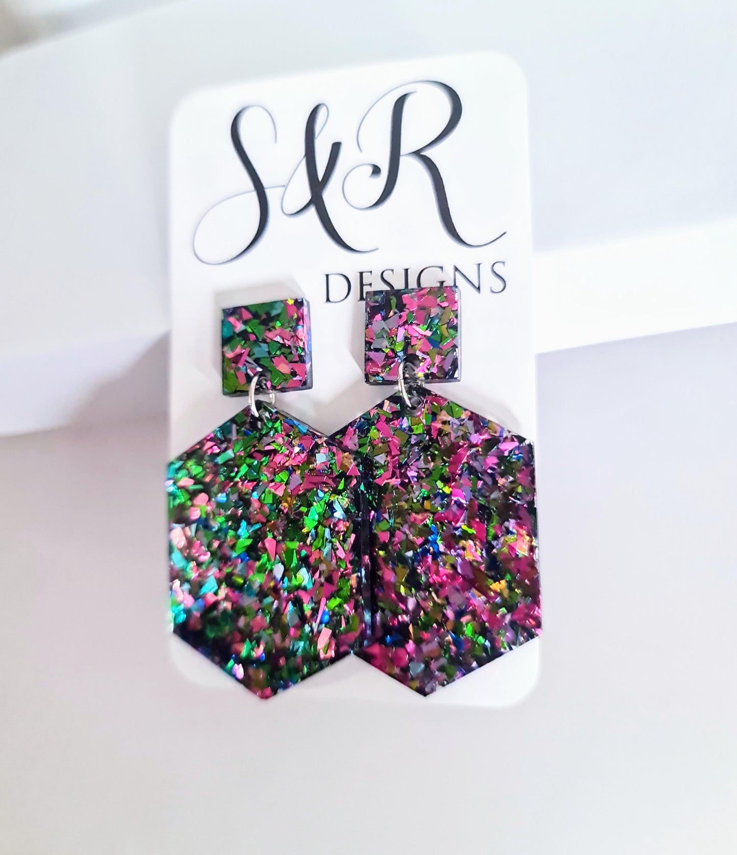Multicoloured Hexagon Square Dangle Drop Earrings, Tormented Glitter, Blue Green Pink Resin Handmade Stud Earrings, Statement Earrings