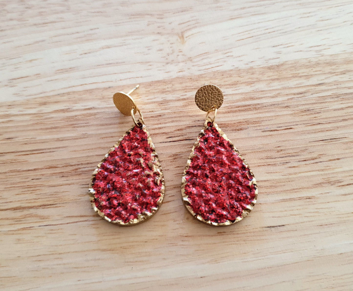 Red Teardrops Resin Long Gold Earrings, Gold with Red Glitter Resin Earrings, Stainless Steel Earrings, Statement Earrings