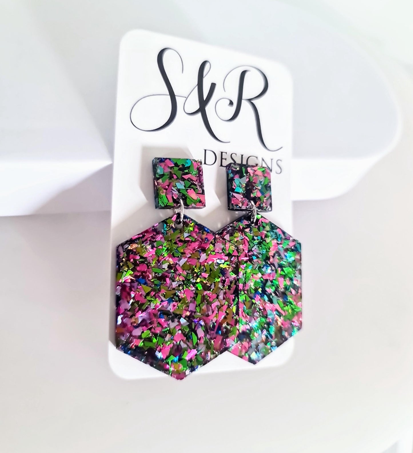 Multicoloured Hexagon Square Dangle Drop Earrings, Tormented Glitter, Blue Green Pink Resin Handmade Stud Earrings, Statement Earrings