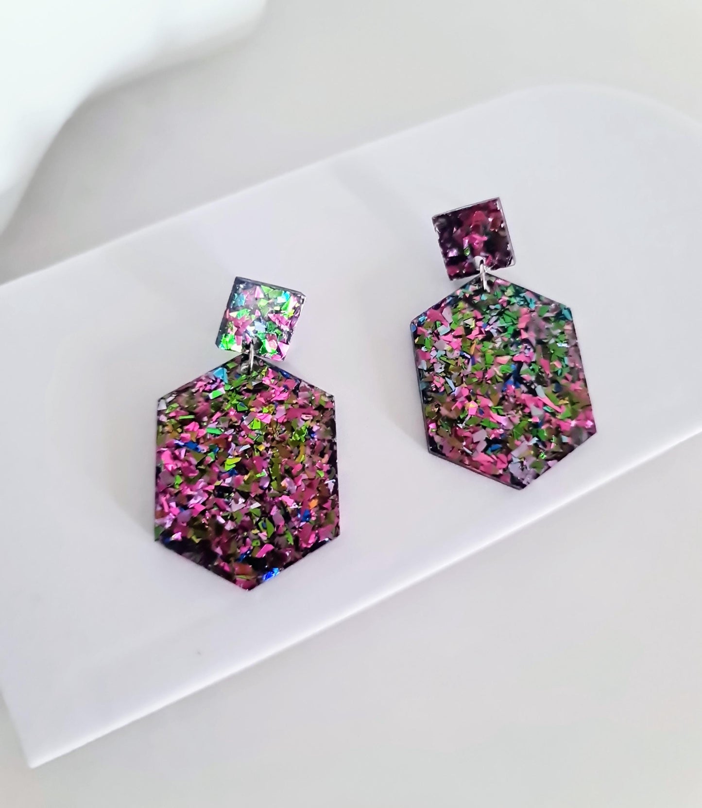 Multicoloured Hexagon Square Dangle Drop Earrings, Tormented Glitter, Blue Green Pink Resin Handmade Stud Earrings, Statement Earrings