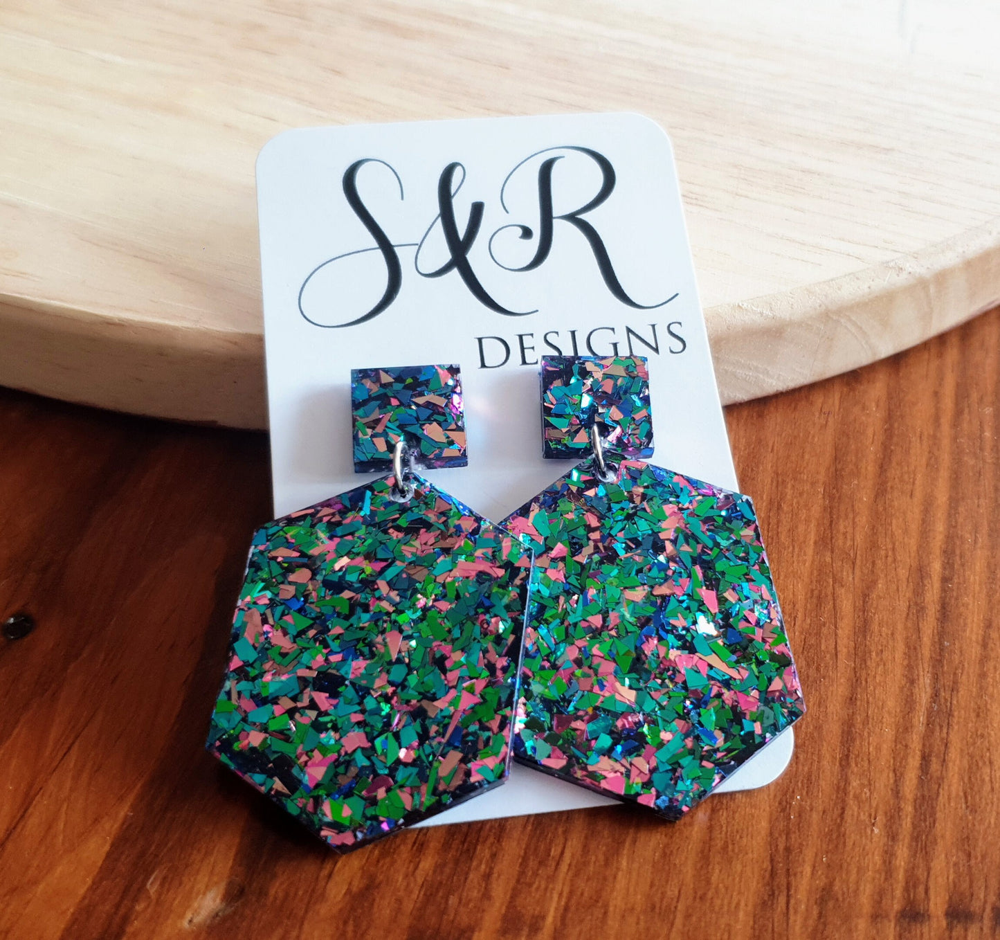 Multicoloured Hexagon Square Dangle Drop Earrings, Tormented Glitter, Blue Green Pink Resin Handmade Stud Earrings, Statement Earrings