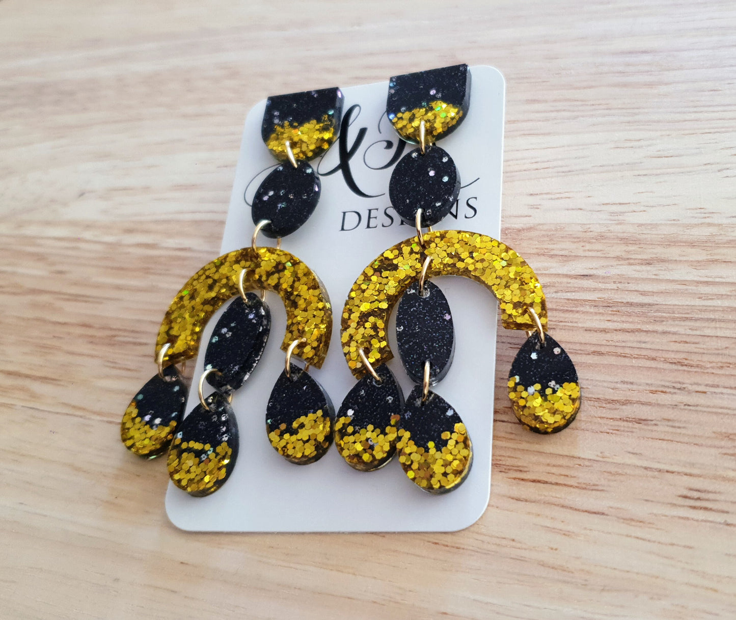 Large Oversized Gold Glitter Black Chandelier Dangle Earrings, Glitter Dangles, Statement Long Earrings