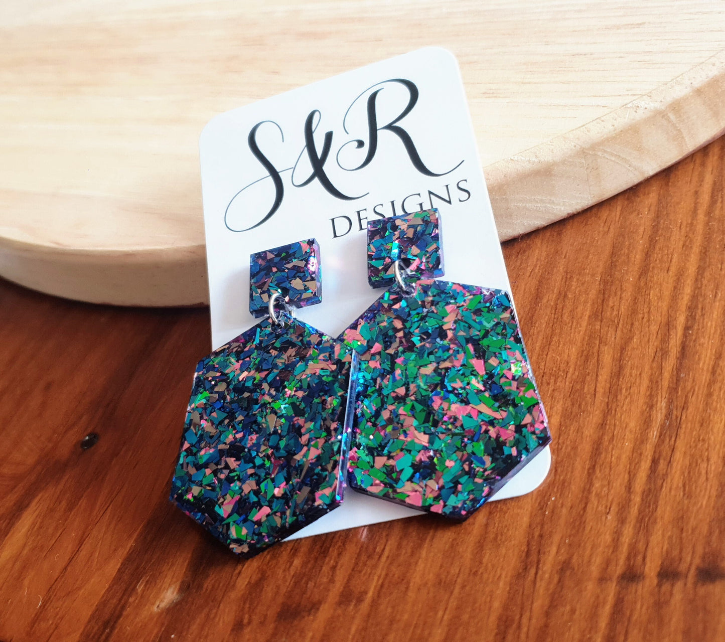 Multicoloured Hexagon Square Dangle Drop Earrings, Tormented Glitter, Blue Green Pink Resin Handmade Stud Earrings, Statement Earrings