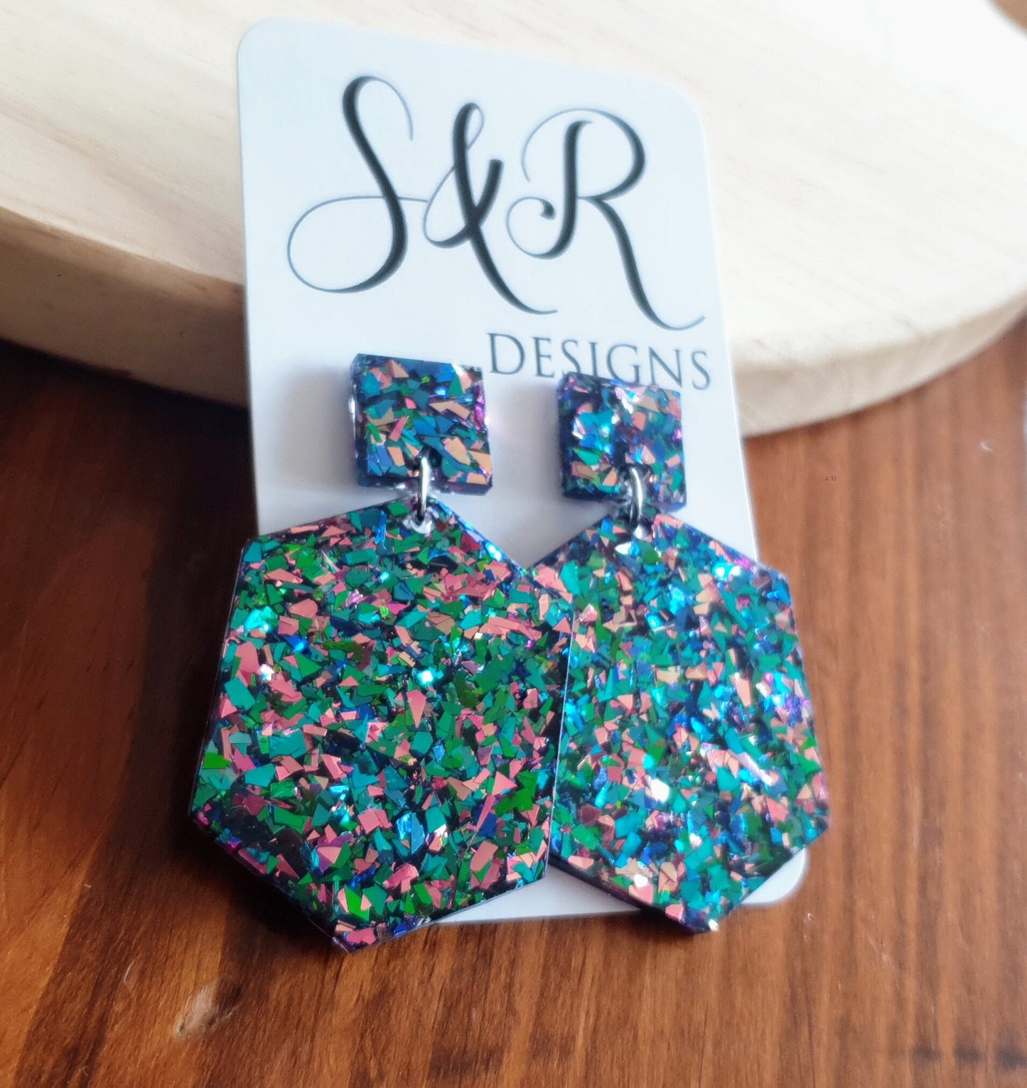 Multicoloured Hexagon Square Dangle Drop Earrings, Tormented Glitter, Blue Green Pink Resin Handmade Stud Earrings, Statement Earrings