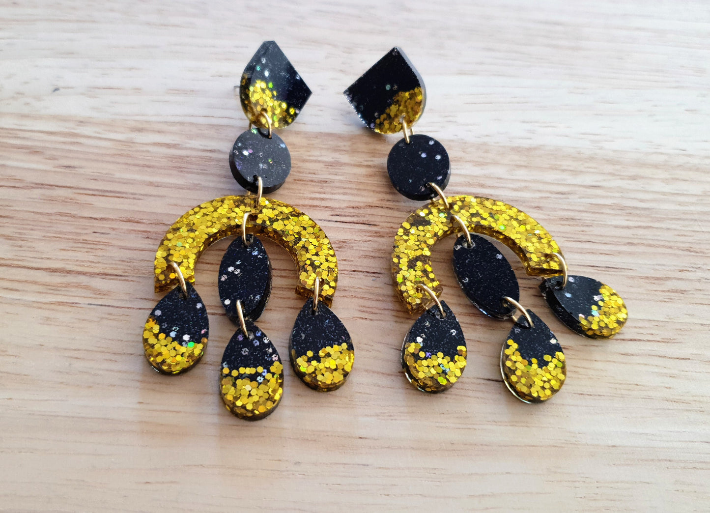 Large Oversized Gold Glitter Black Chandelier Dangle Earrings, Glitter Dangles, Statement Long Earrings