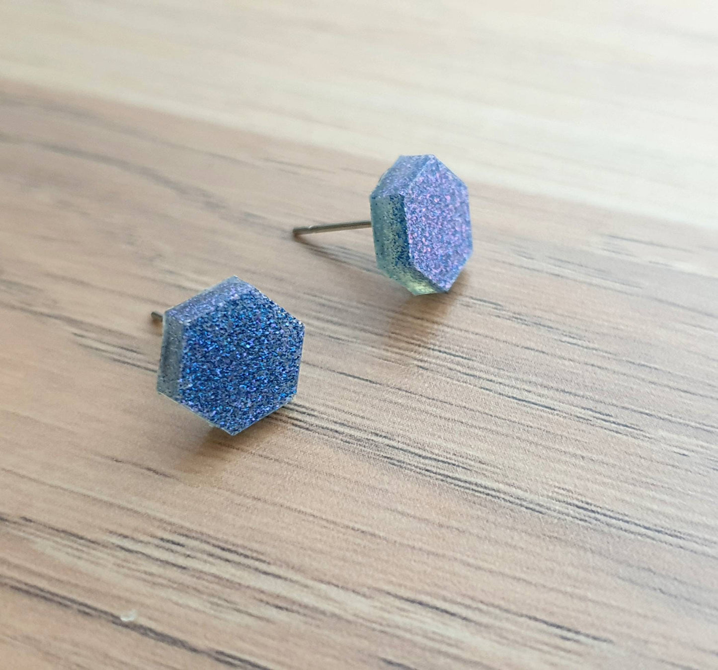 Hexagon Stud Earring, Resin Blue Purple Mix Earrings. Stainless Steel Stud Earrings. 10mm