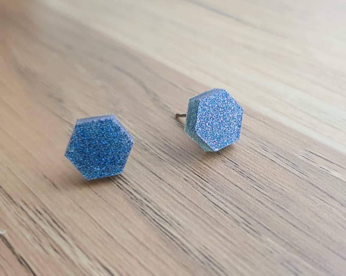 Hexagon Stud Earring, Resin Blue Purple Mix Earrings. Stainless Steel Stud Earrings. 10mm
