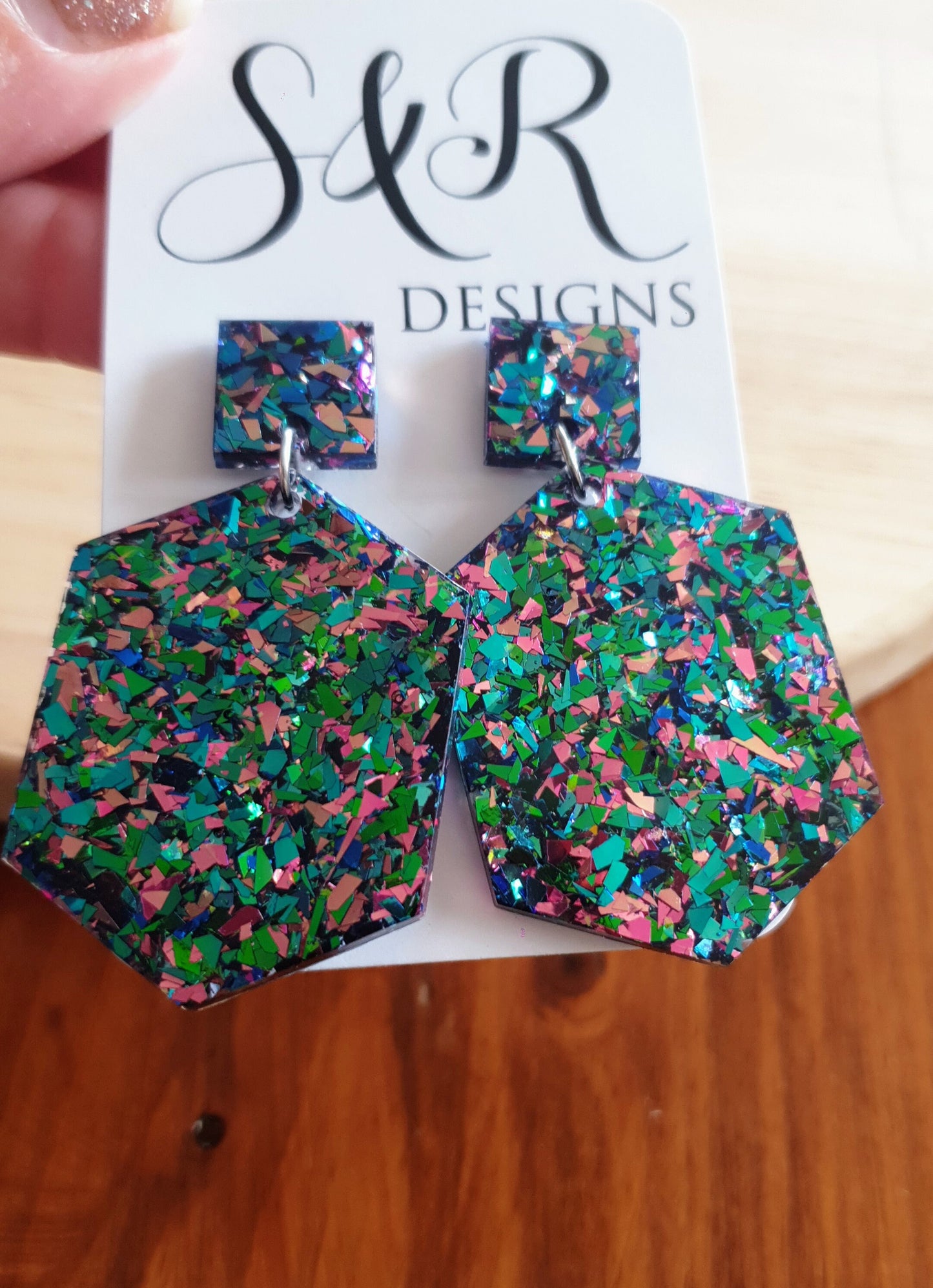Multicoloured Hexagon Square Dangle Drop Earrings, Tormented Glitter, Blue Green Pink Resin Handmade Stud Earrings, Statement Earrings