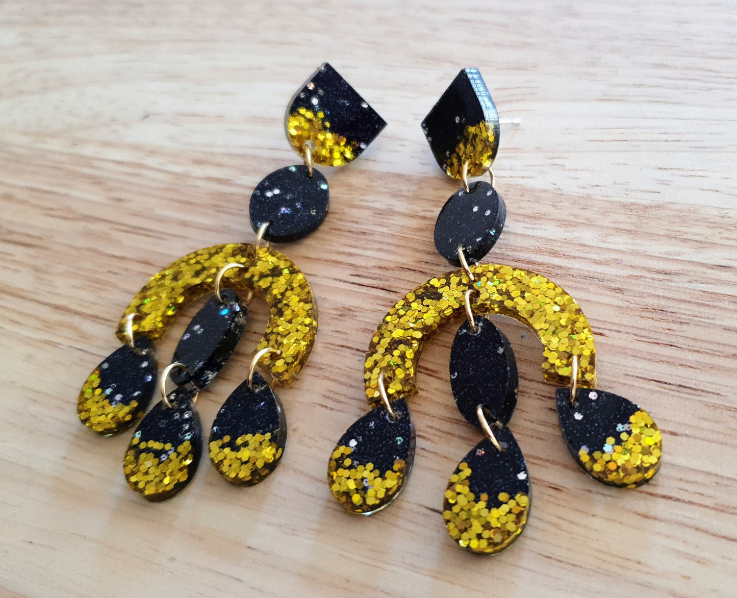 Large Oversized Gold Glitter Black Chandelier Dangle Earrings, Glitter Dangles, Statement Long Earrings