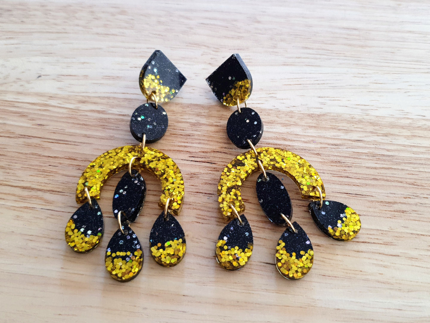 Large Oversized Gold Glitter Black Chandelier Dangle Earrings, Glitter Dangles, Statement Long Earrings
