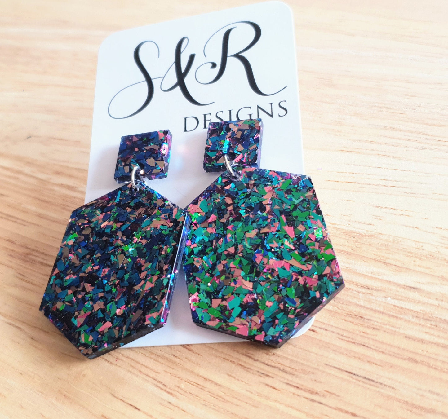 Multicoloured Hexagon Square Dangle Drop Earrings, Tormented Glitter, Blue Green Pink Resin Handmade Stud Earrings, Statement Earrings