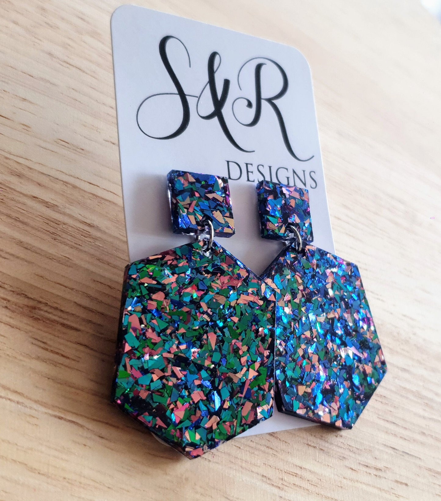 Multicoloured Hexagon Square Dangle Drop Earrings, Tormented Glitter, Blue Green Pink Resin Handmade Stud Earrings, Statement Earrings