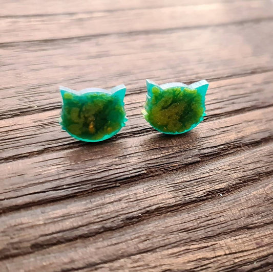 Teal Cat Earrings, Cat Resin Stud Earrings, Teal Green Blue Yellow Gold Mix Earrings, Cat Glitter Earrings made with Stainless Steel.