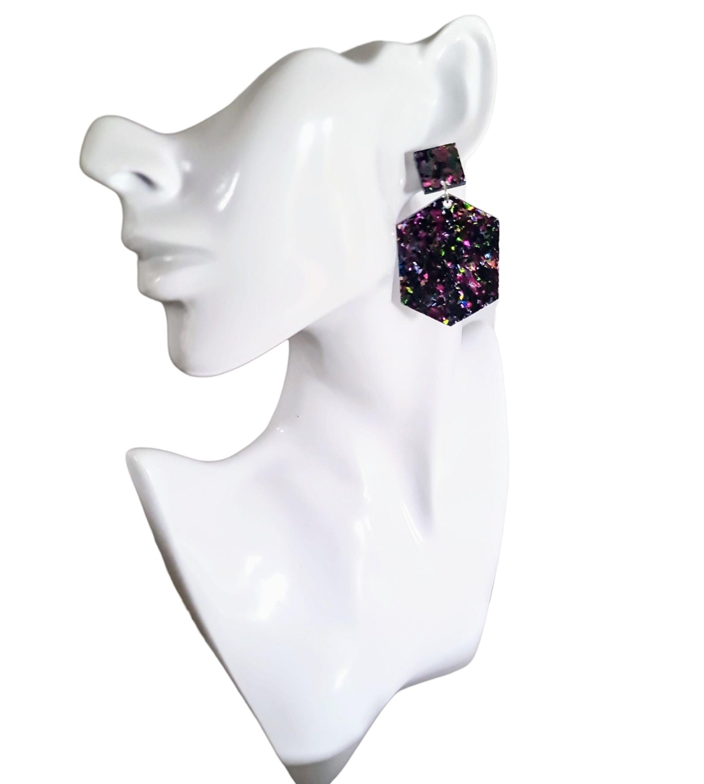 Multicoloured Hexagon Square Dangle Drop Earrings, Tormented Glitter, Blue Green Pink Resin Handmade Stud Earrings, Statement Earrings
