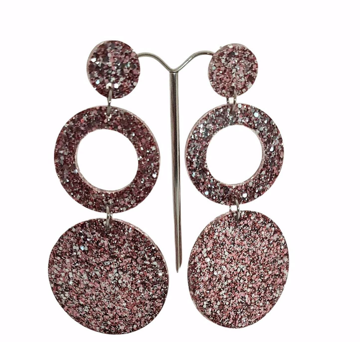 Long Hoop Circle Earrings, Holographic Salmon Pink, Silver Glitter Dangle, Statement Earrings