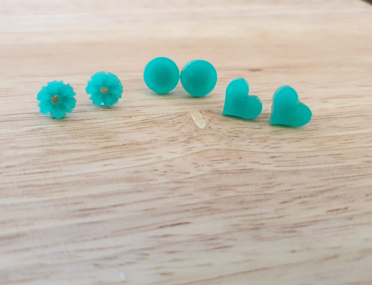 Teal Resin Stud Earrings, Choose your Style. Circle, Heart or Flower. Stainless Steel Minimalist Stud Earrings.