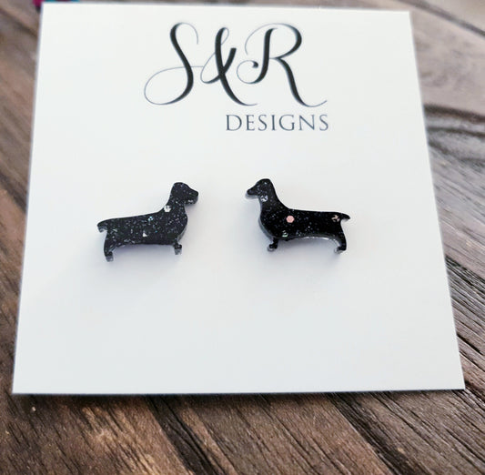 Dachshund Resin Stud Earrings, Black Silver Glitter Sausage Dog Earrings, Stainless Steel Studs