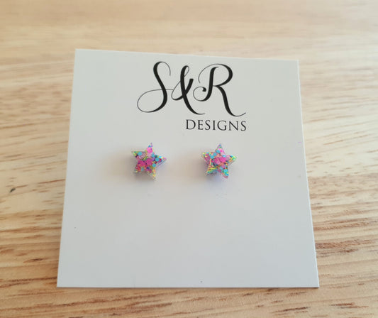 Pastel Multicoloured Star Resin Stud Earrings, Pastel Pink, Blue, Green and Yellow Mix Glitter. Stainless Steel Minimalist Stud Earrings.