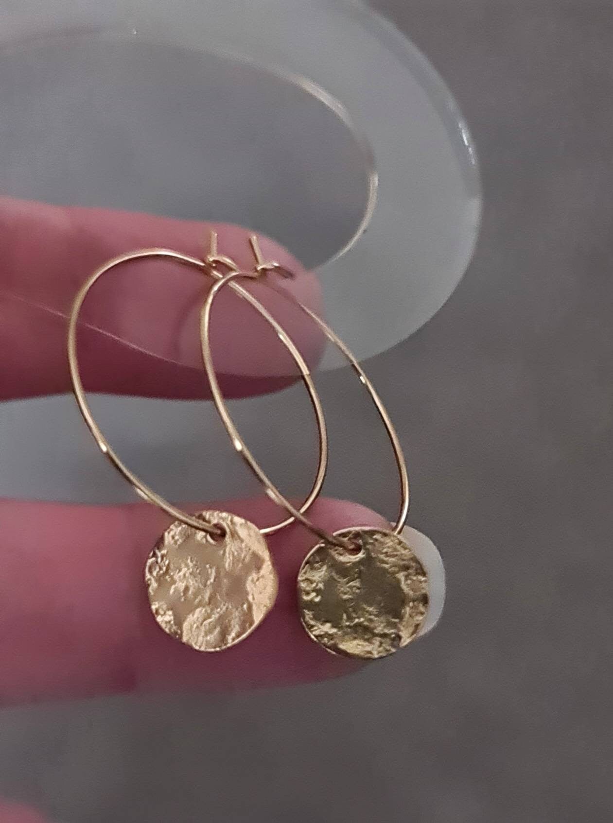 Gold Hammered Circle Disc Hoop Earrings, 10mm Gold Coin Disc, Stainless Steel Dangle, Personalised Minimalist Earrings