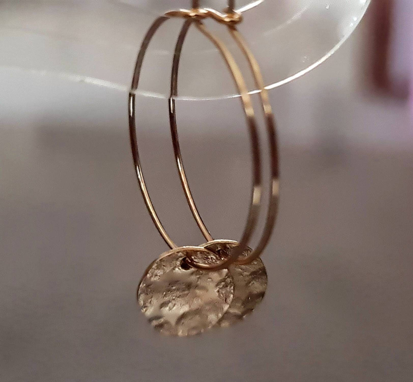 Gold Hammered Circle Disc Hoop Earrings, 10mm Gold Coin Disc, Stainless Steel Dangle, Personalised Minimalist Earrings