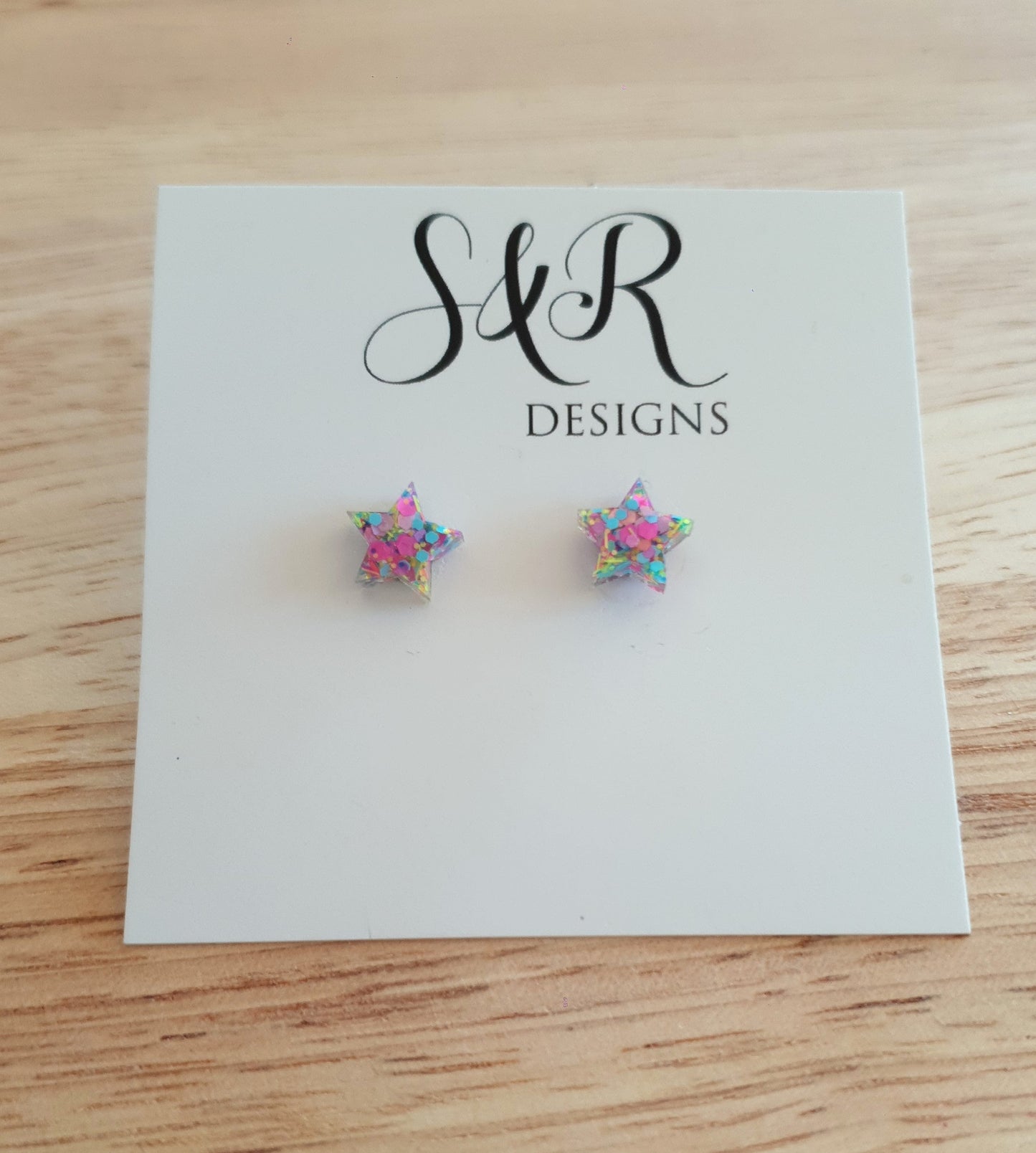 Pastel Multicoloured Star Resin Stud Earrings, Pastel Pink, Blue, Green and Yellow Mix Glitter. Stainless Steel Minimalist Stud Earrings.