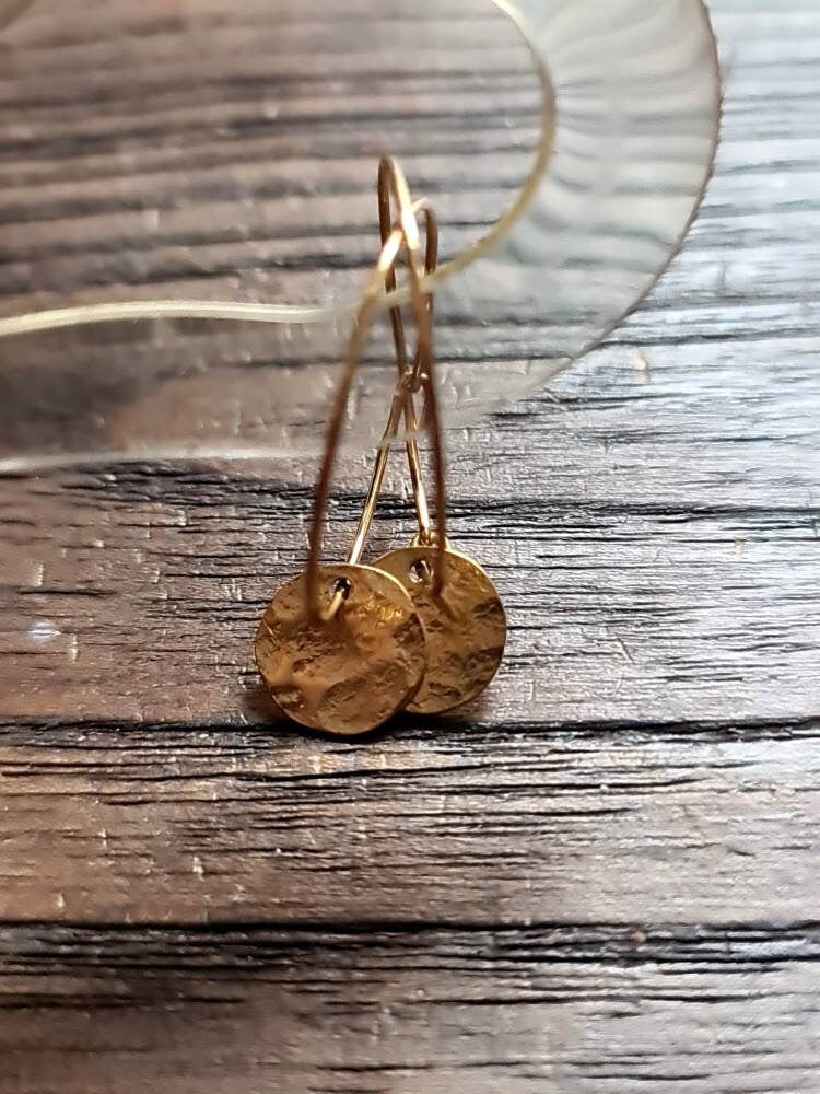 Gold Hammered Circle Disc Hoop Earrings, 10mm Gold Coin Disc, Stainless Steel Dangle, Personalised Minimalist Earrings