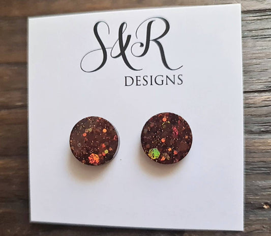 Circle Dot Resin Stud Earrings, Brown Green Mustard Glitter Earrings, Autumn Glitter, Stainless Steel Studs. 15mm, 12mm, 10mm or 8mm