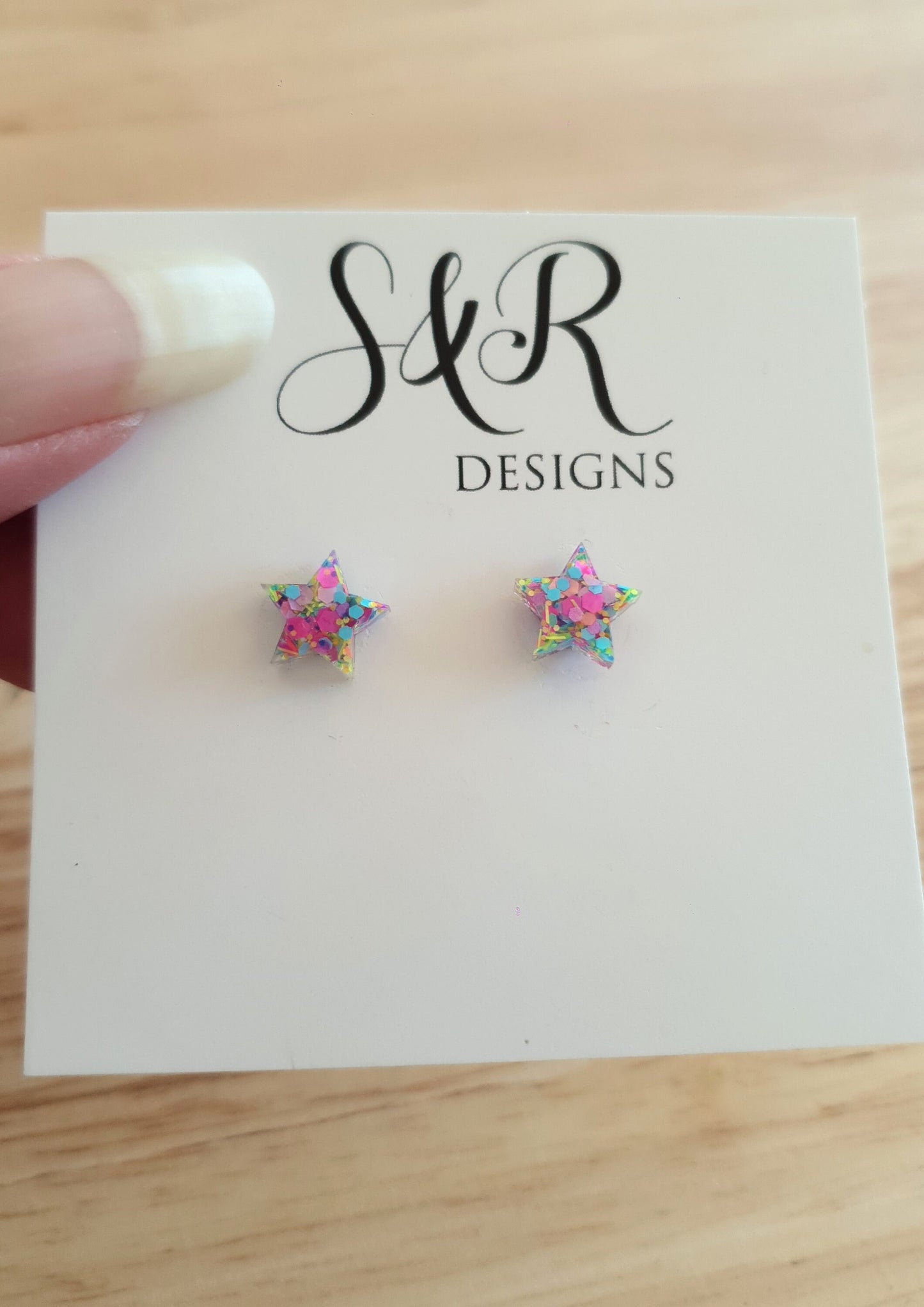 Pastel Multicoloured Star Resin Stud Earrings, Pastel Pink, Blue, Green and Yellow Mix Glitter. Stainless Steel Minimalist Stud Earrings.