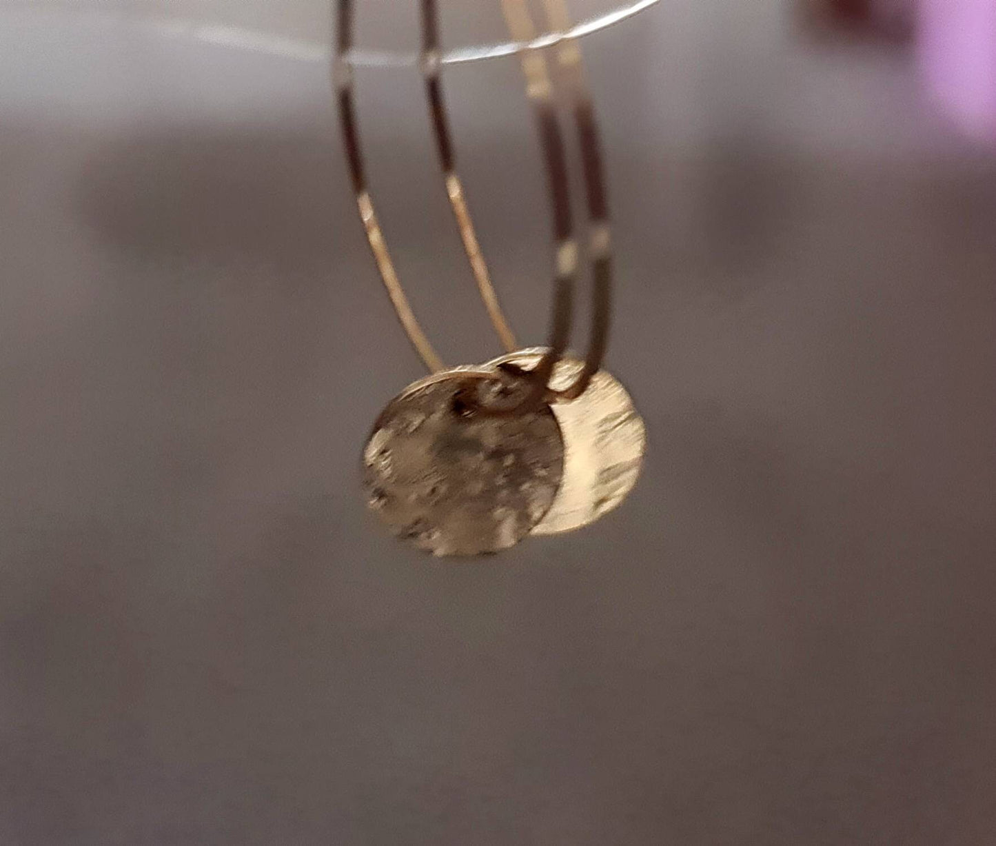 Gold Hammered Circle Disc Hoop Earrings, 10mm Gold Coin Disc, Stainless Steel Dangle, Personalised Minimalist Earrings