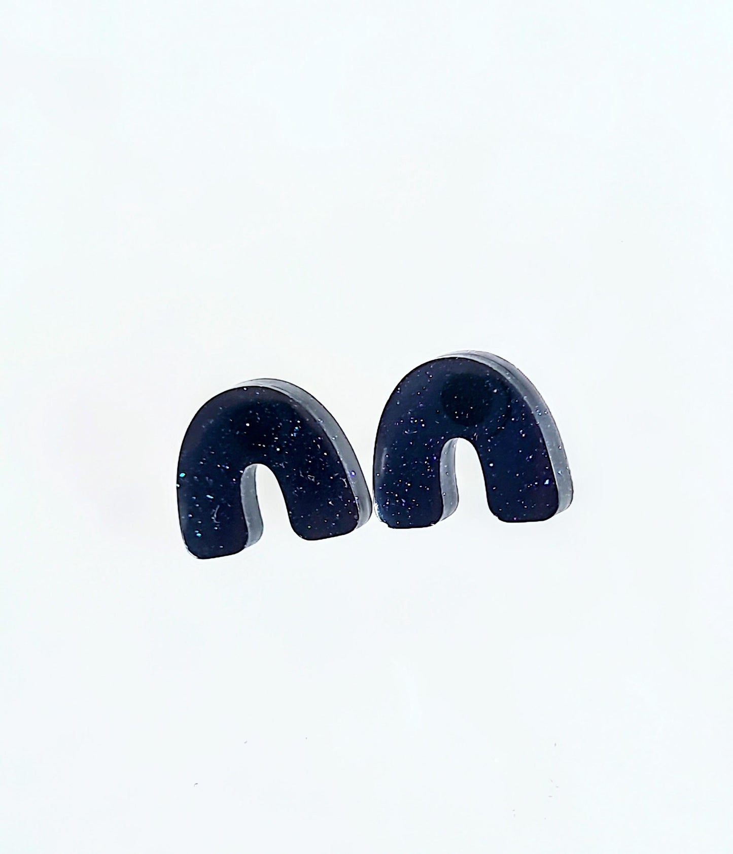 Midnight Blue Glitter Resin Stud Earrings, U-Shape Stainless Steel Posts Hypoallergenic