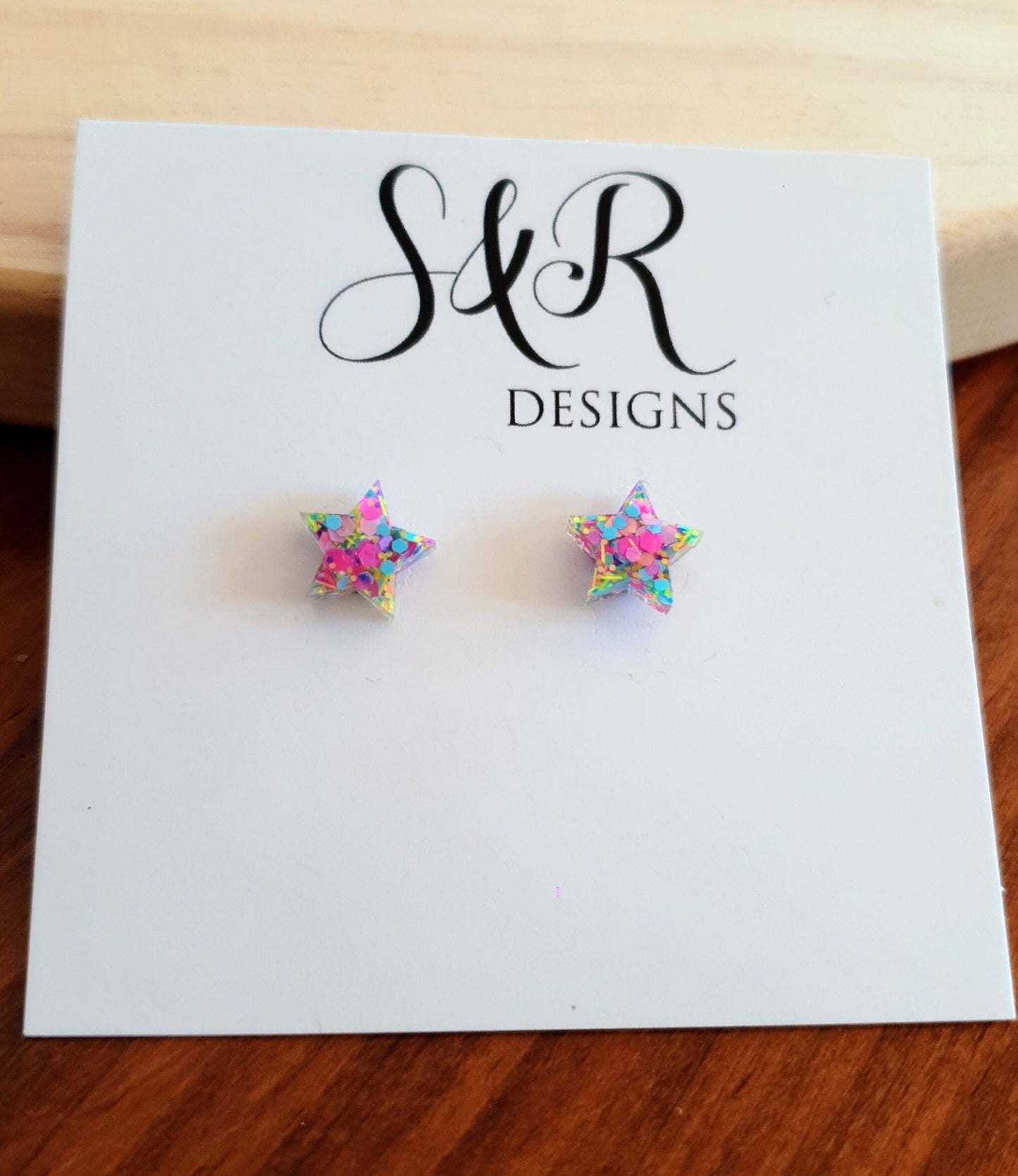 Pastel Multicoloured Star Resin Stud Earrings, Pastel Pink, Blue, Green and Yellow Mix Glitter. Stainless Steel Minimalist Stud Earrings.