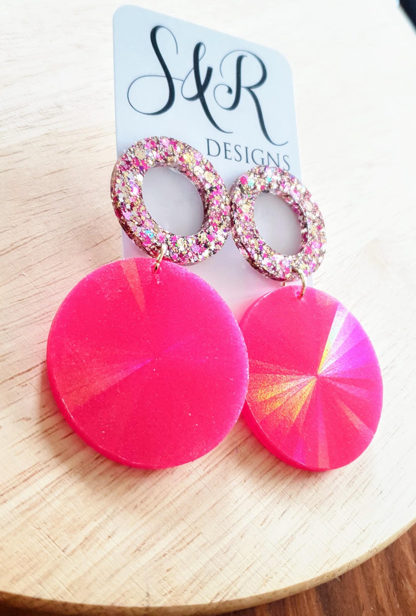 Pink Circle Dangle Earrings, Holographic Shimmer Mix Glitter, Long Hoop Dangle, lightweight Statement Earrings, Stainless Steel Hypoallergen