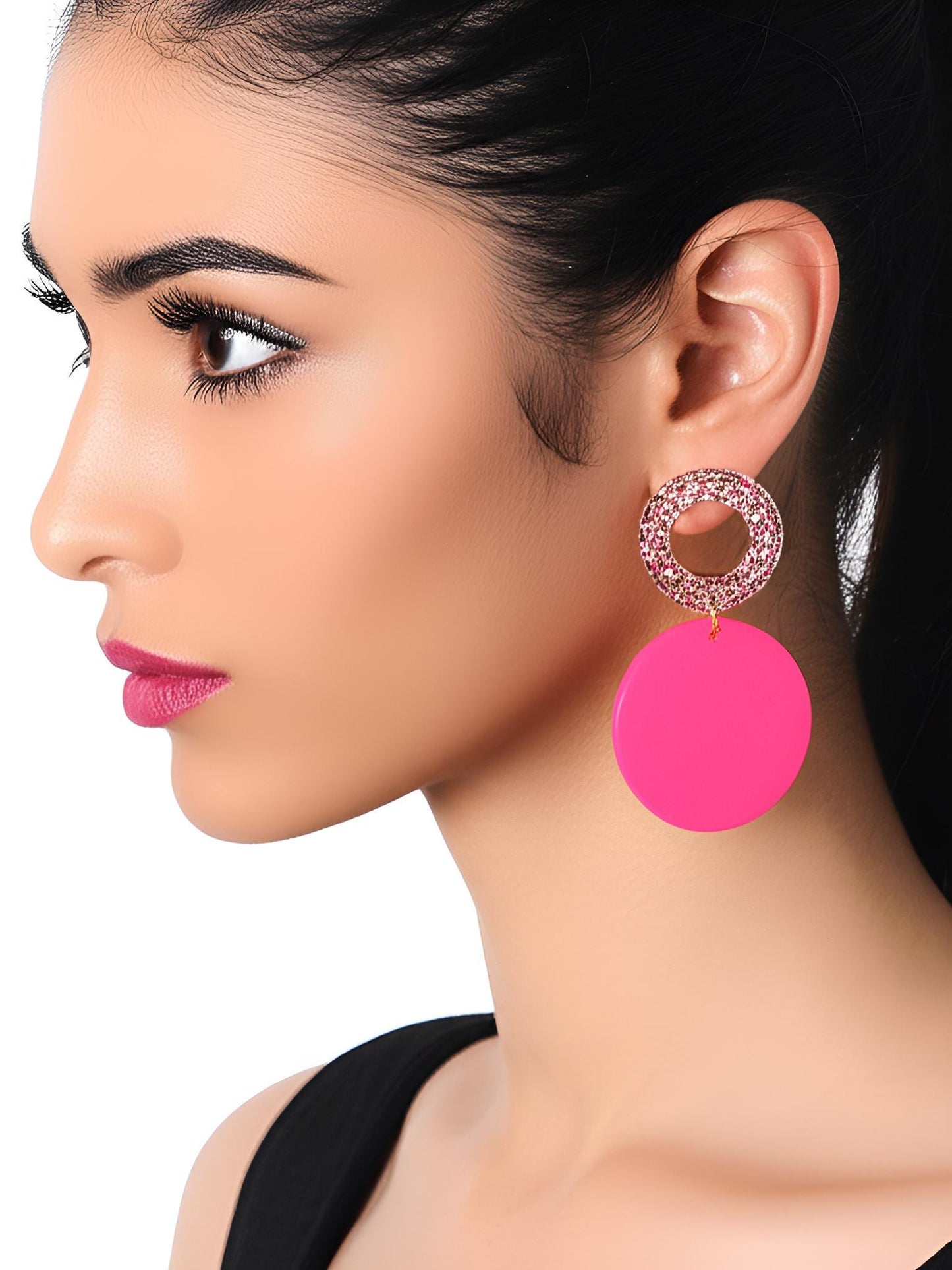 Pink Circle Dangle Earrings, Holographic Shimmer Mix Glitter, Long Hoop Dangle, lightweight Statement Earrings, Stainless Steel Hypoallergen