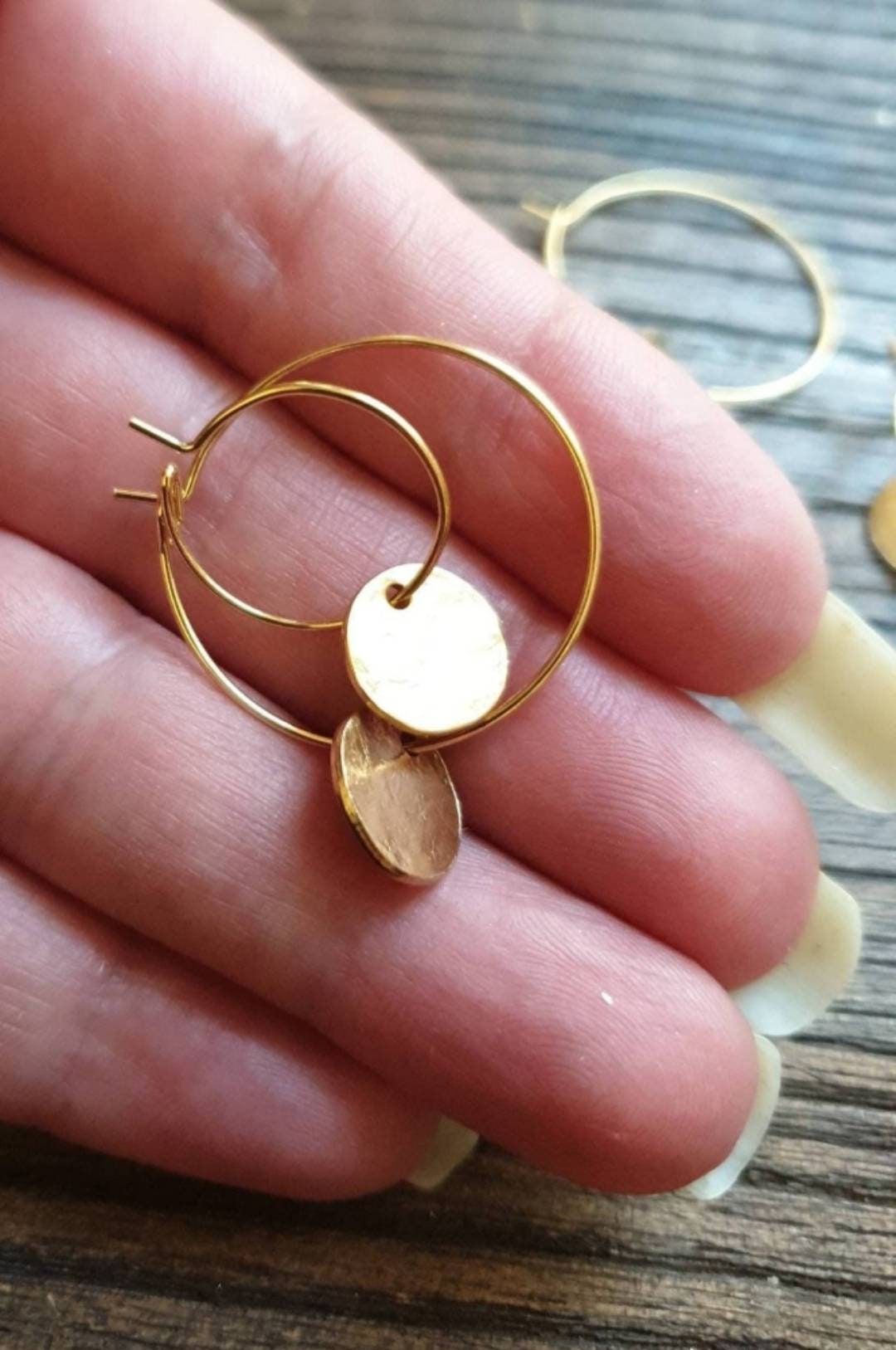 Gold Hammered Circle Disc Hoop Earrings, 10mm Gold Coin Disc, Stainless Steel Dangle, Personalised Minimalist Earrings