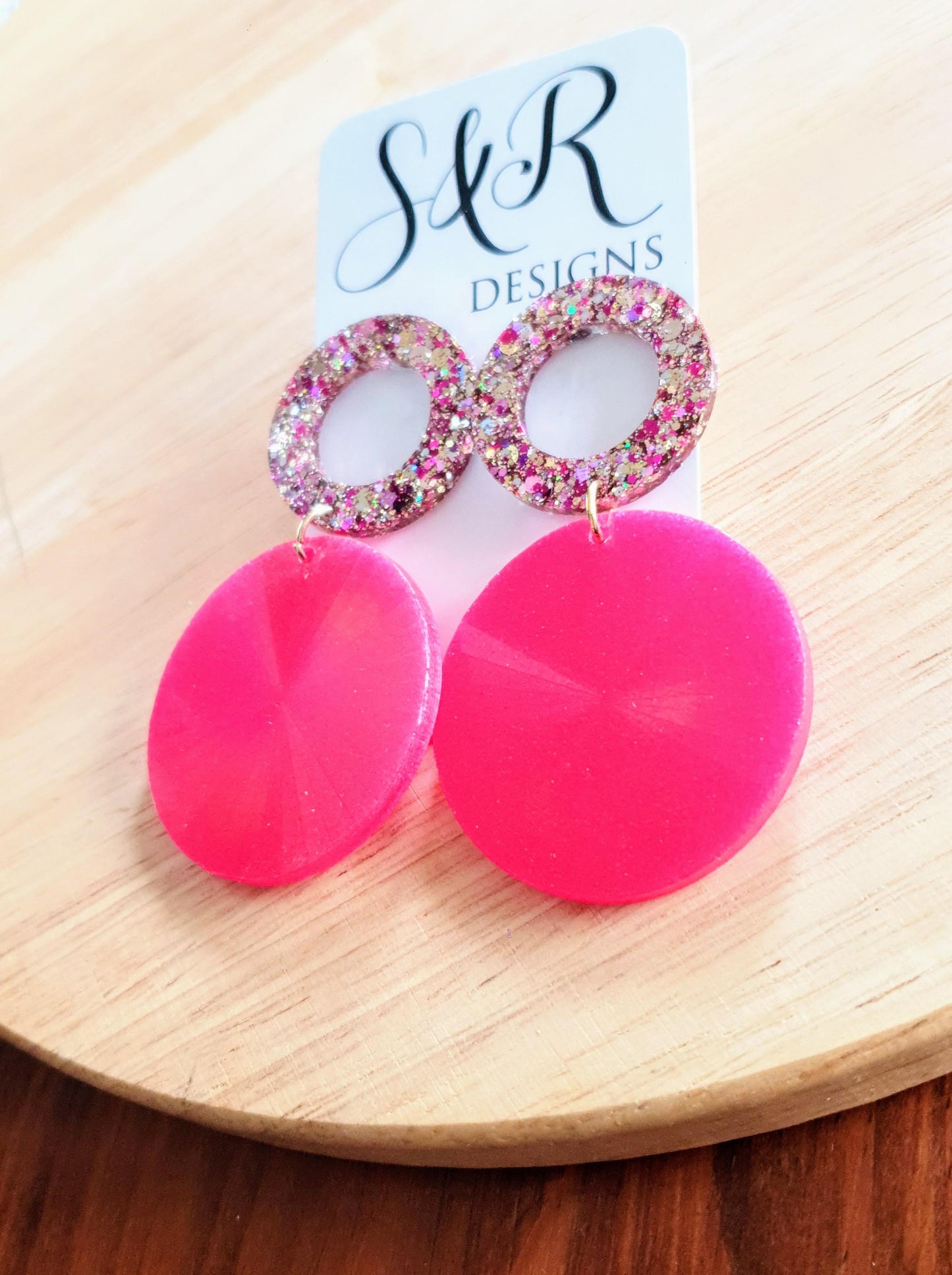 Pink Circle Dangle Earrings, Holographic Shimmer Mix Glitter, Long Hoop Dangle, lightweight Statement Earrings, Stainless Steel Hypoallergen
