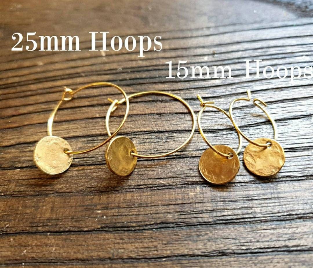 Gold Hammered Circle Disc Hoop Earrings, 10mm Gold Coin Disc, Stainless Steel Dangle, Personalised Minimalist Earrings