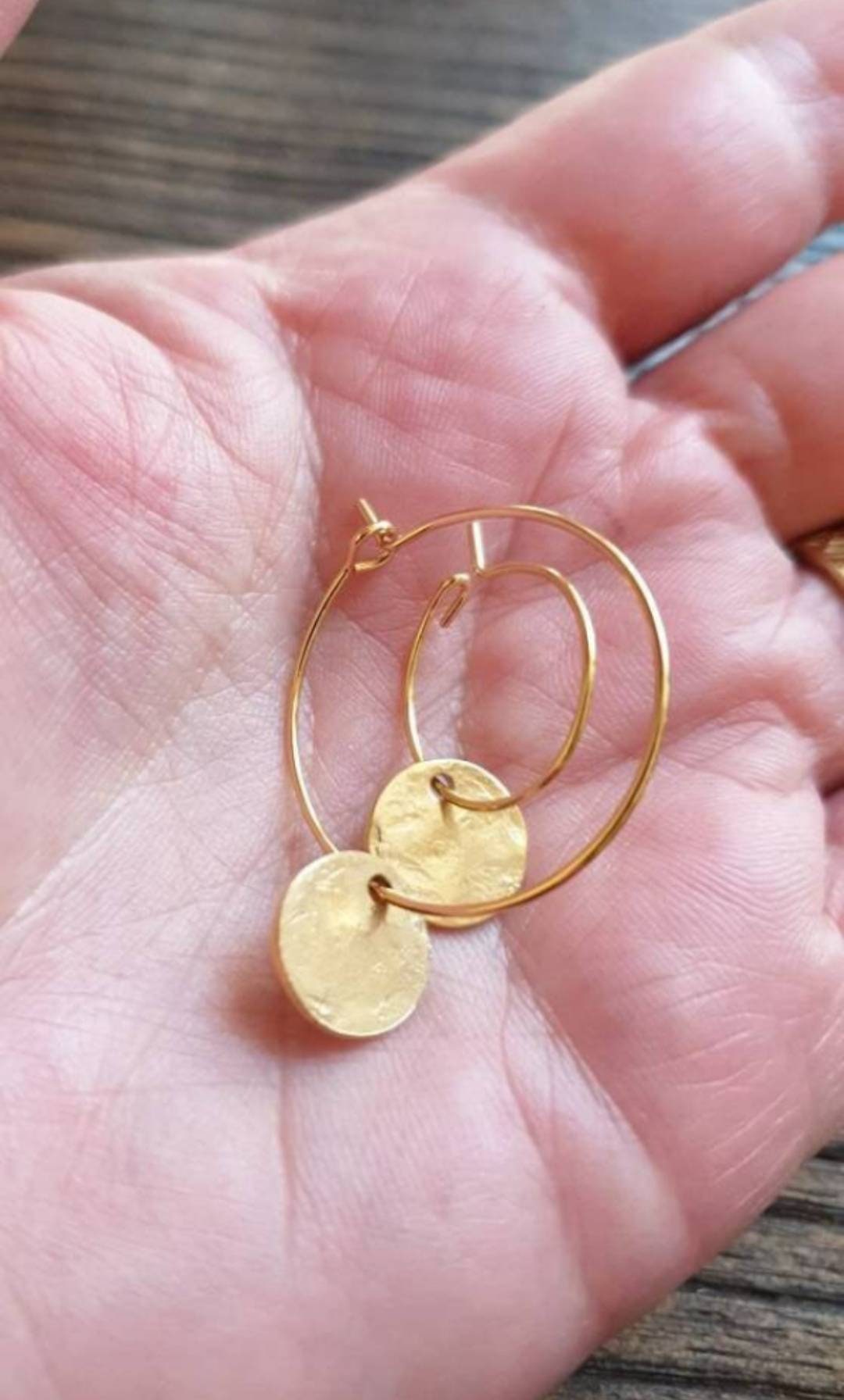 Gold Hammered Circle Disc Hoop Earrings, 10mm Gold Coin Disc, Stainless Steel Dangle, Personalised Minimalist Earrings
